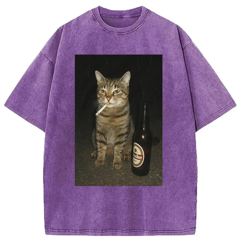 Modecanvas Vintage Cigarette Kitty Meme Washed T-Shirt-modecanvas
