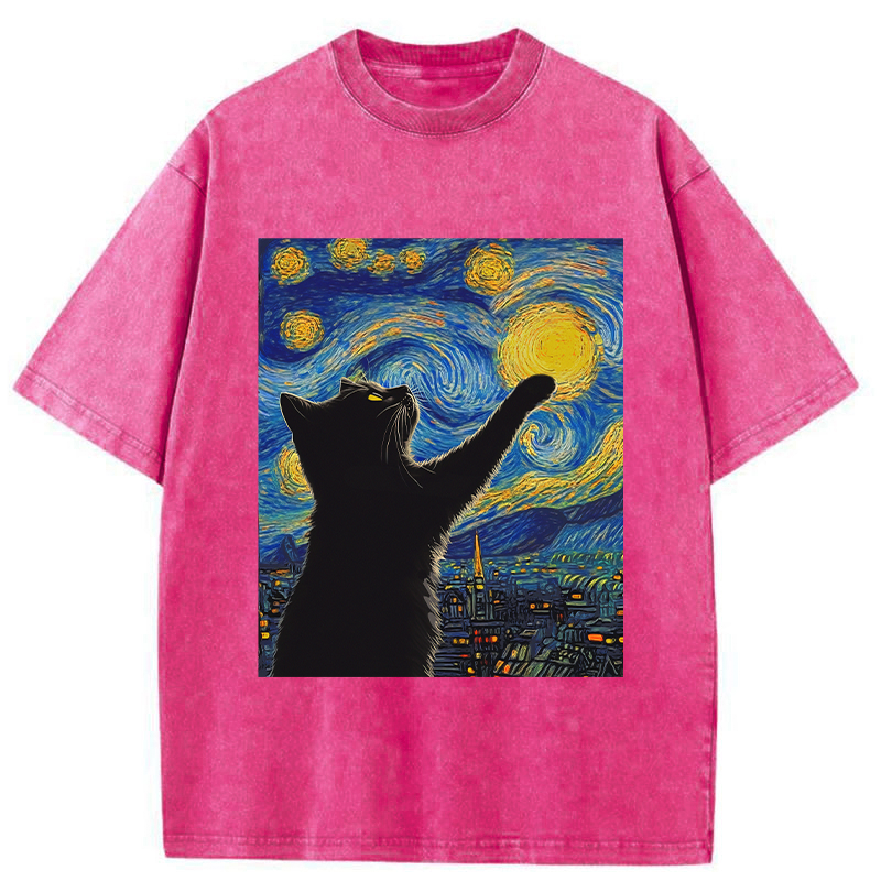 Modecanvas Black Cat Touch The Moon Washed T-Shirt