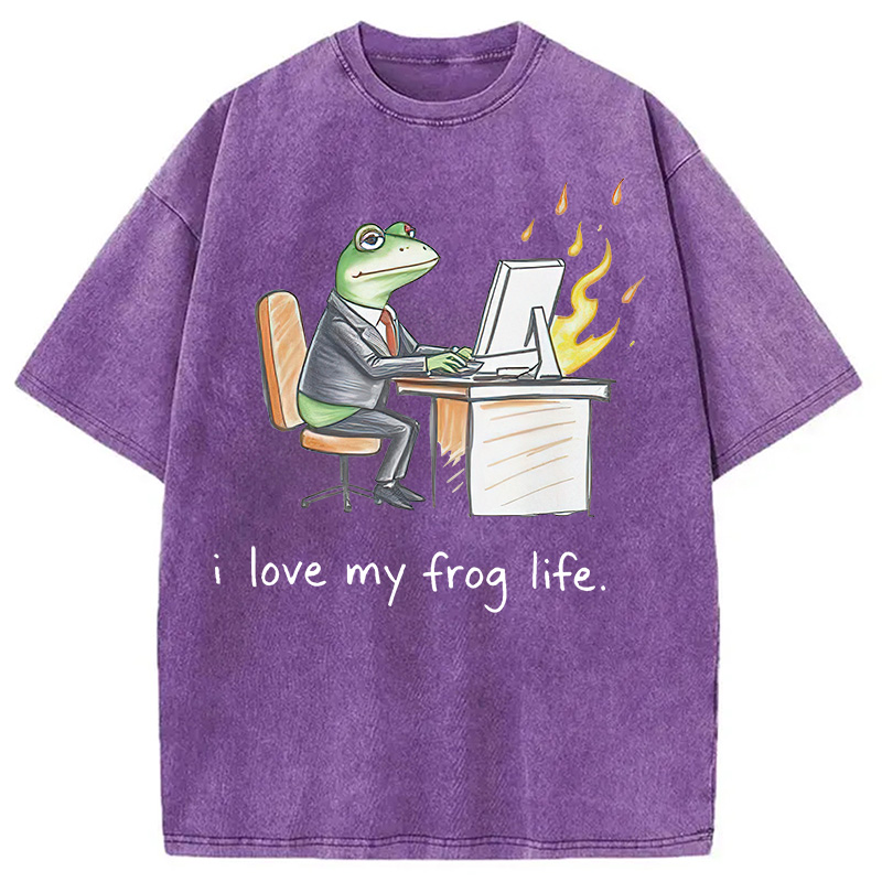 Modecanvas Office Burnout Funny Frog Meme Washed T-Shirt
