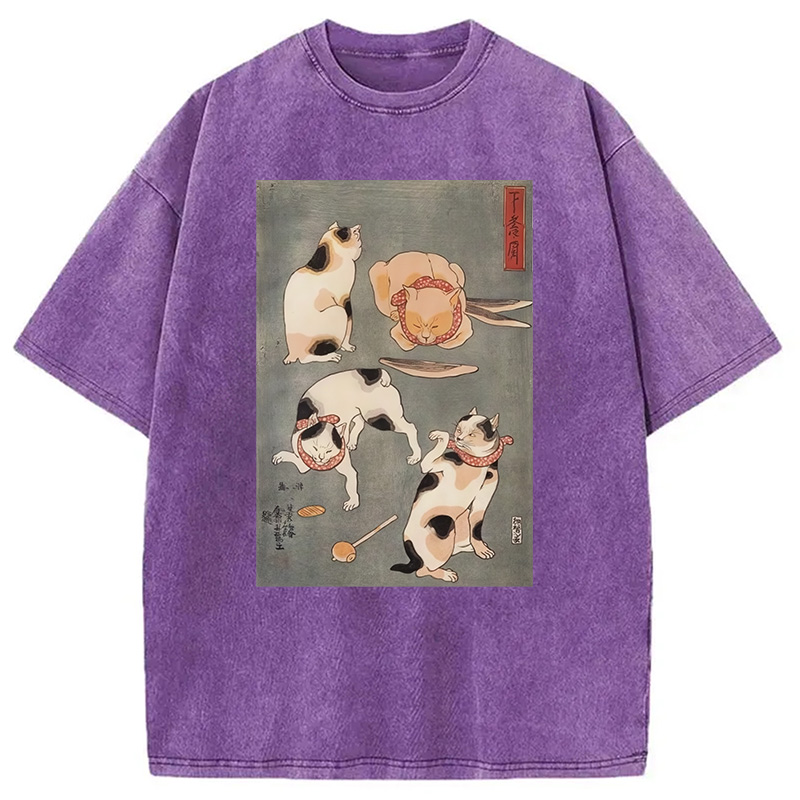 Modecanvas Japanese Four Cats Ukiyo-e Washed T-Shirt