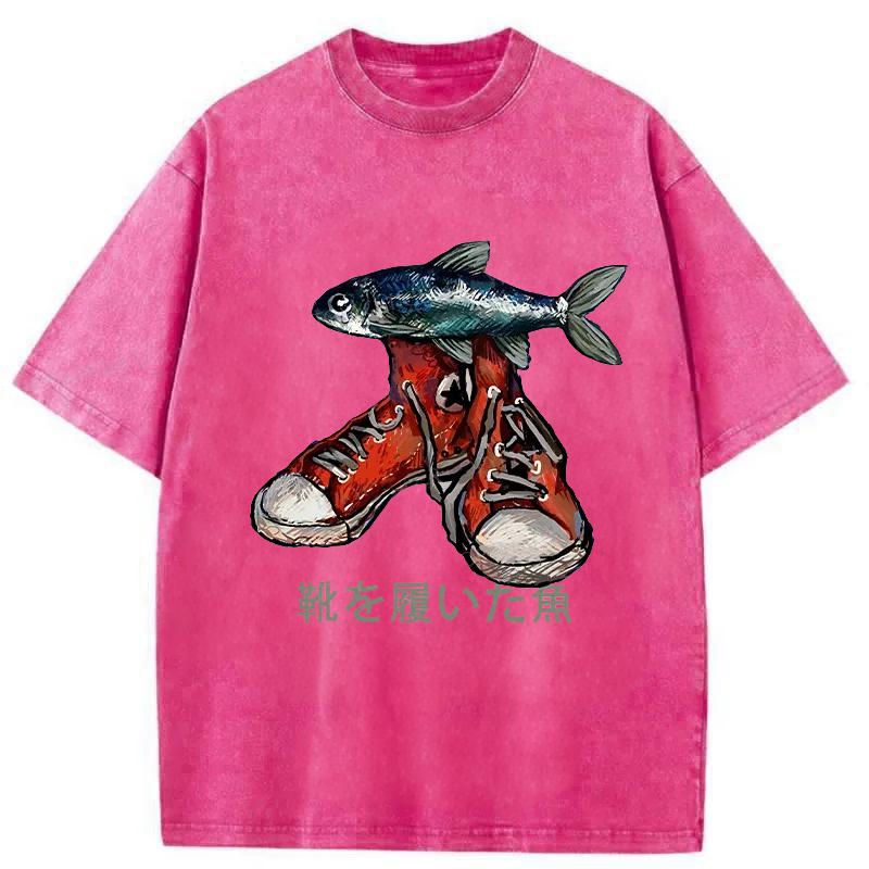 Modecanvas Fish Wearing Shoes Washed T-Shirt