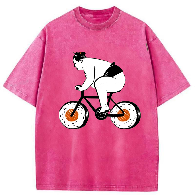 Modecanvas Sumo Riding A Sushi Bike Washed T-Shirt