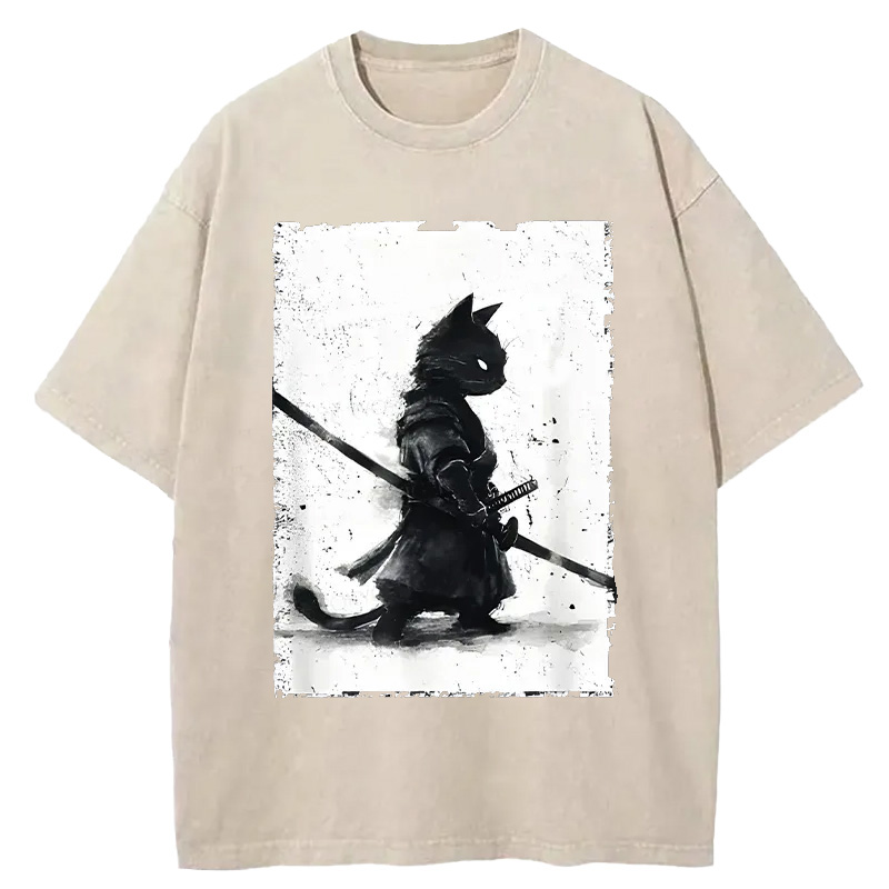 Modecanvas Retro Cat Samurai Japanese Washed T-Shirt-modecanvas