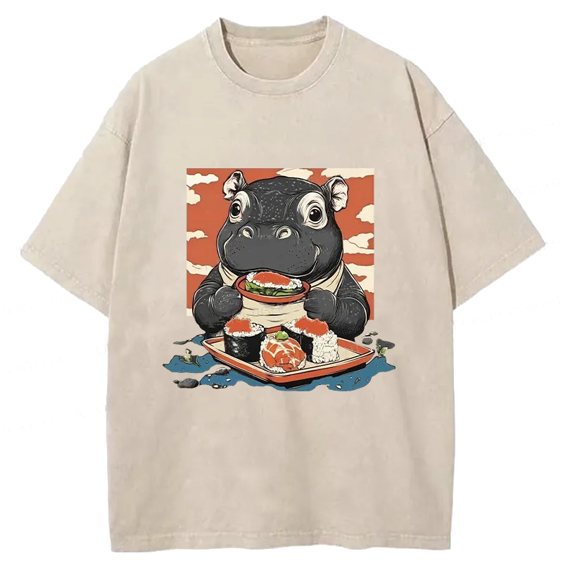 Modecanvas Moo Deng Eat Sushi Washed T-Shirt