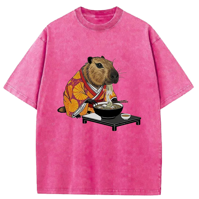 Modecanvas Cute Capybara Eating Ramen Washed T-Shirt