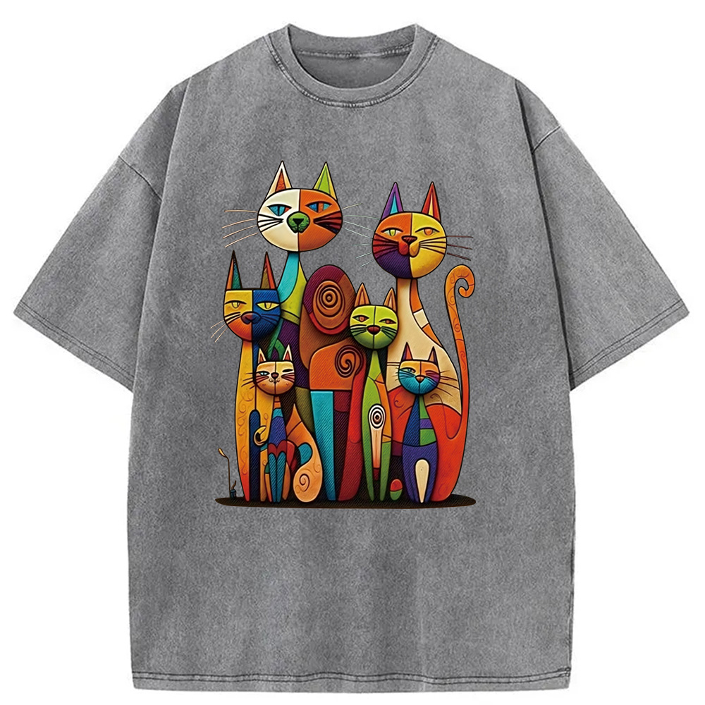 Modecanvas The Da Vinci Cat Family Washed T-Shirt