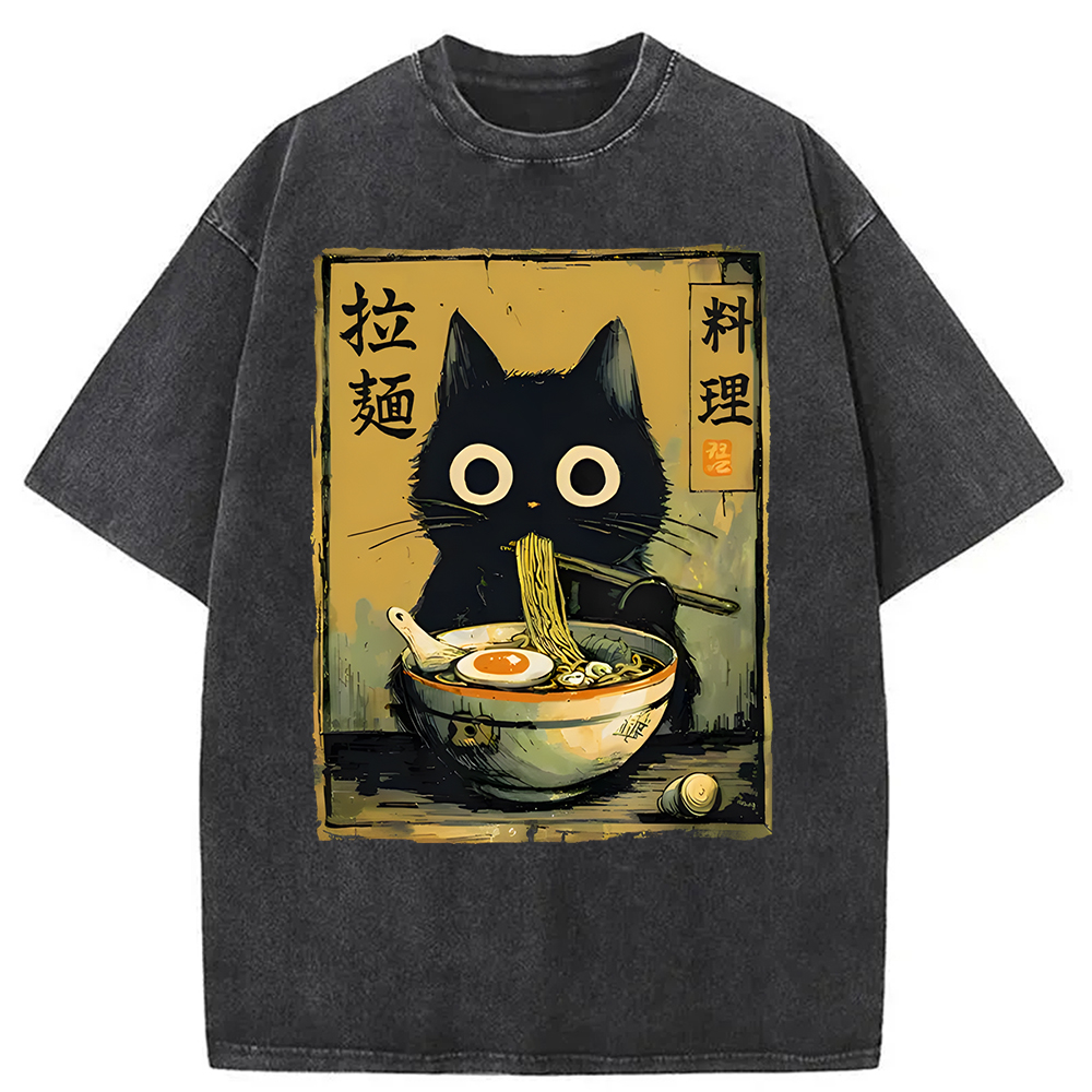 Modecanvas Cute Black Cat Eating Ramen Washed T-Shirt-modecanvas