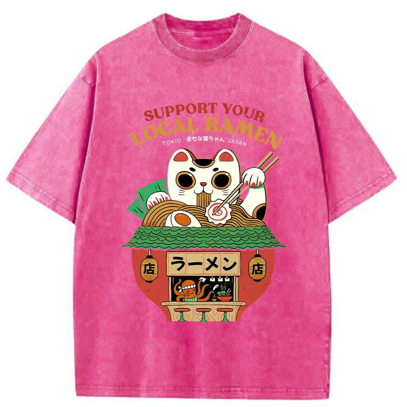 Modecanvas Lucky Cat Eating Ramen Mic Washed T-Shirt