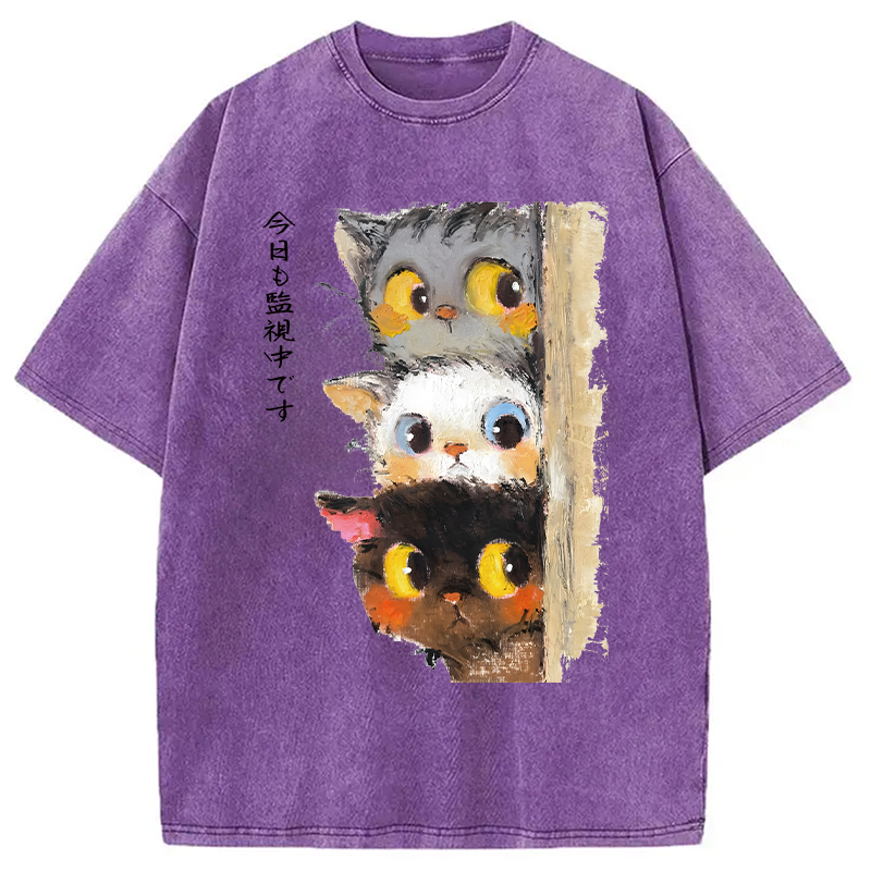 Modecanvas Three Cats Secretly Monitor Washed T-Shirt