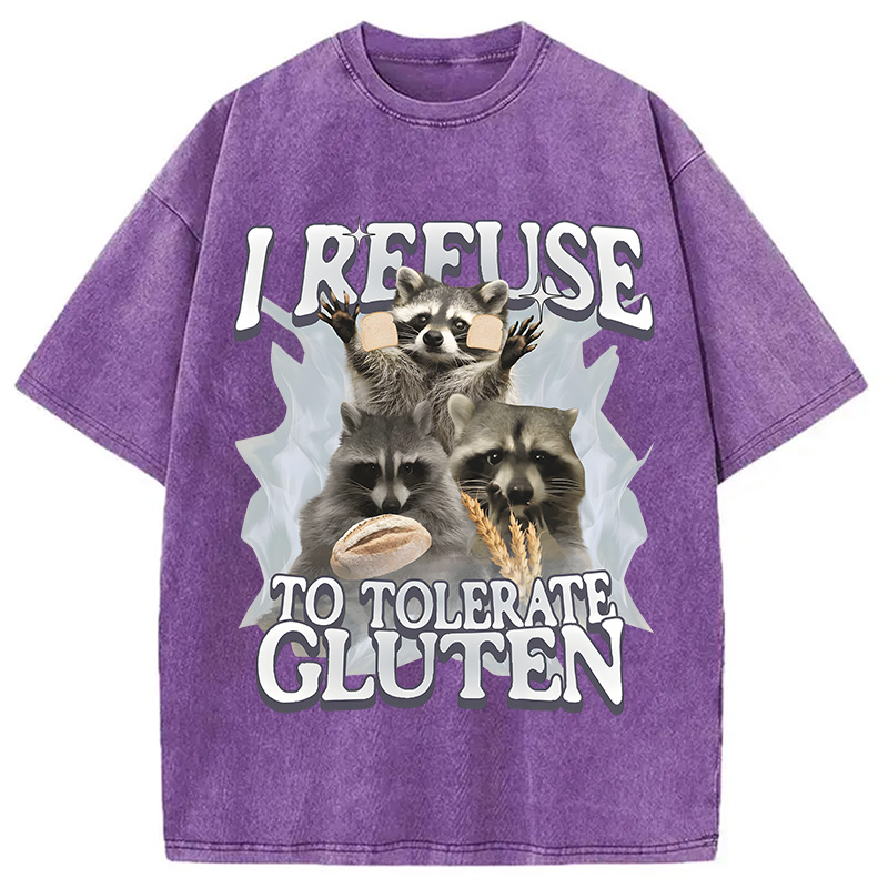 Modecanvas Refuse to Tolerate Gluten Funny Raccoon Meme Washed T-Shirt