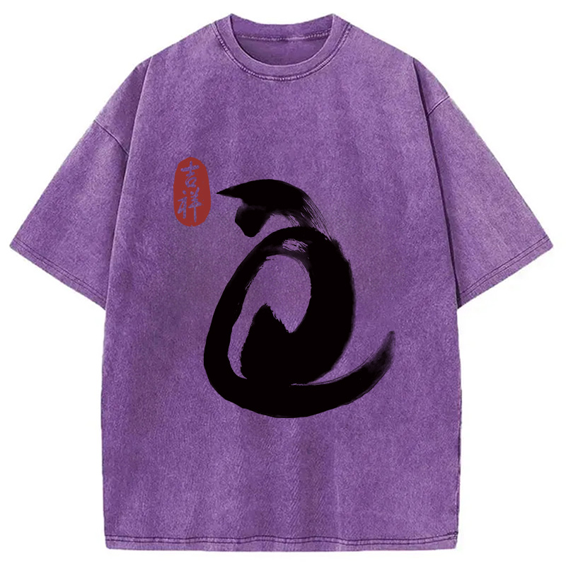 Modecanvas Vintage Ink Cat Washed T-Shirt