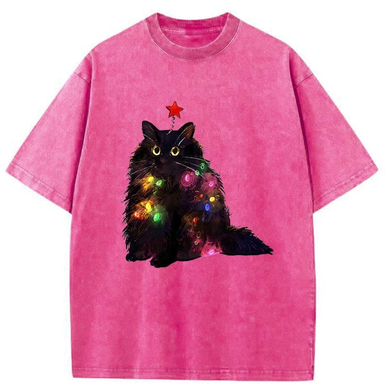 Modecanvas Christmas Lights Cat Washed T-Shirt
