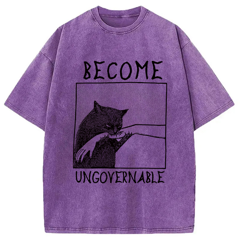 Modecanvas Cat Biting Arm Washed T-Shirt-modecanvas