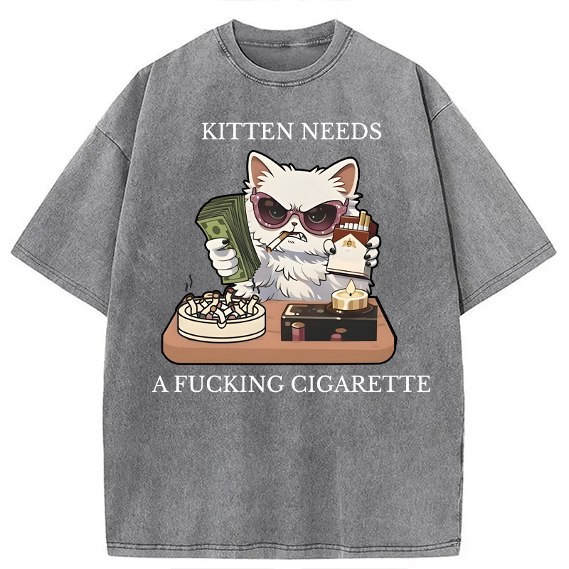 Modecanvas Kitten Needs A Fucking Cigarette DTG Printing Washed T-Shirt