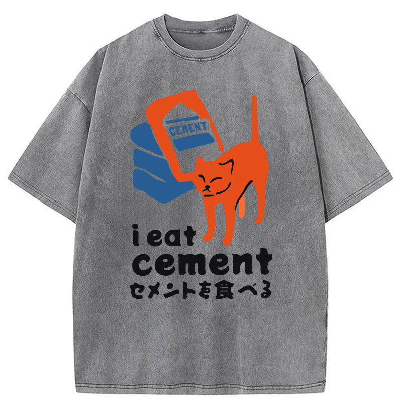 Modecanvas I Eat Cement Meme Cat Washed T-Shirt-modecanvas