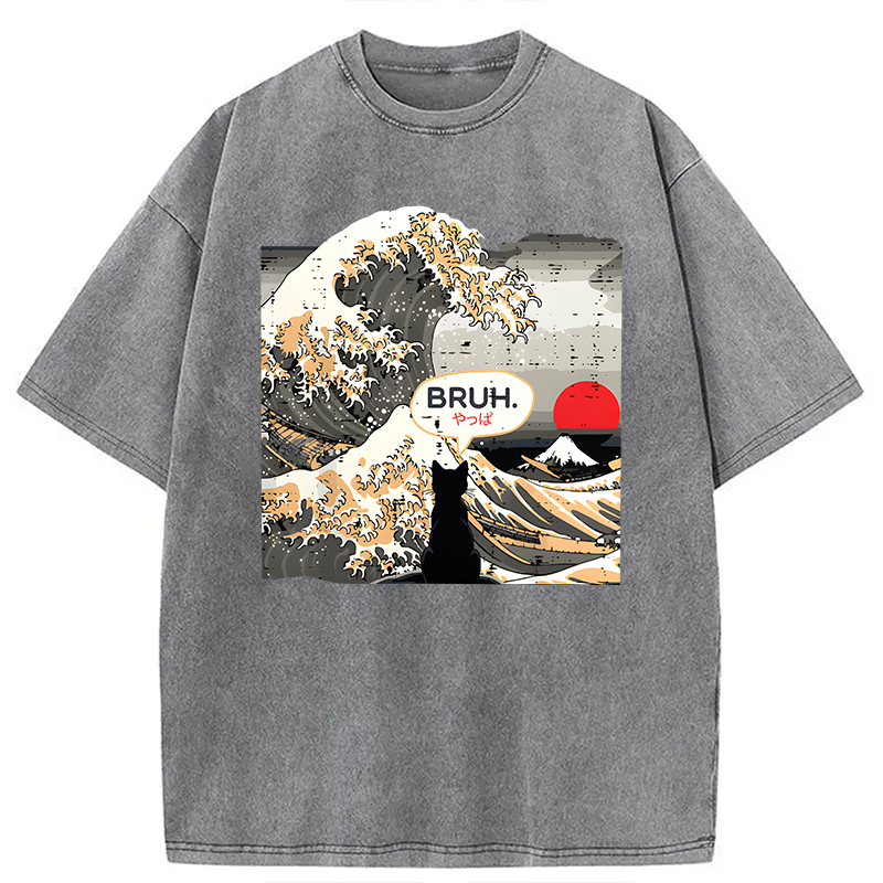 Modecanvas Bruh Cat Great Wave DTG Printing Washed T-Shirt