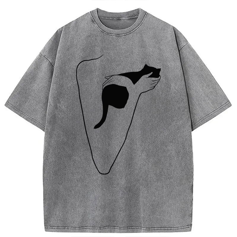Modecanvas Minimalist Art Cat Hug DTG Printing Washed T-Shirt
