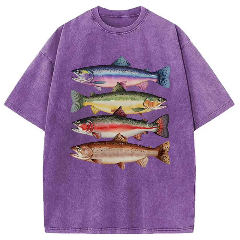 Modecanvas Colorful Rainbow Trout Fish DTG Printing Washed T-Shirt
