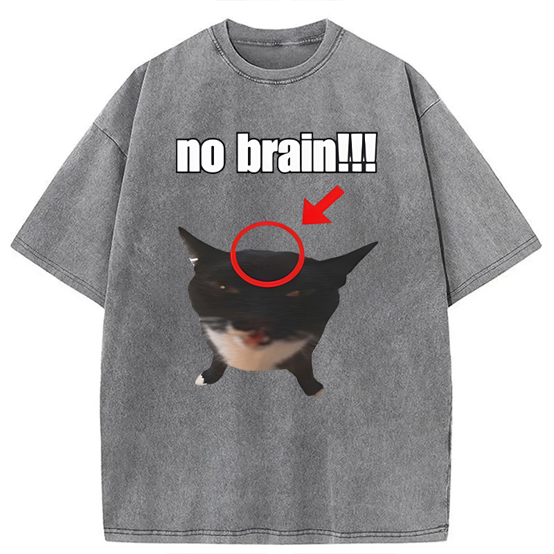 Modecanvas No Brain Cat DTG Printing Washed T-Shirt