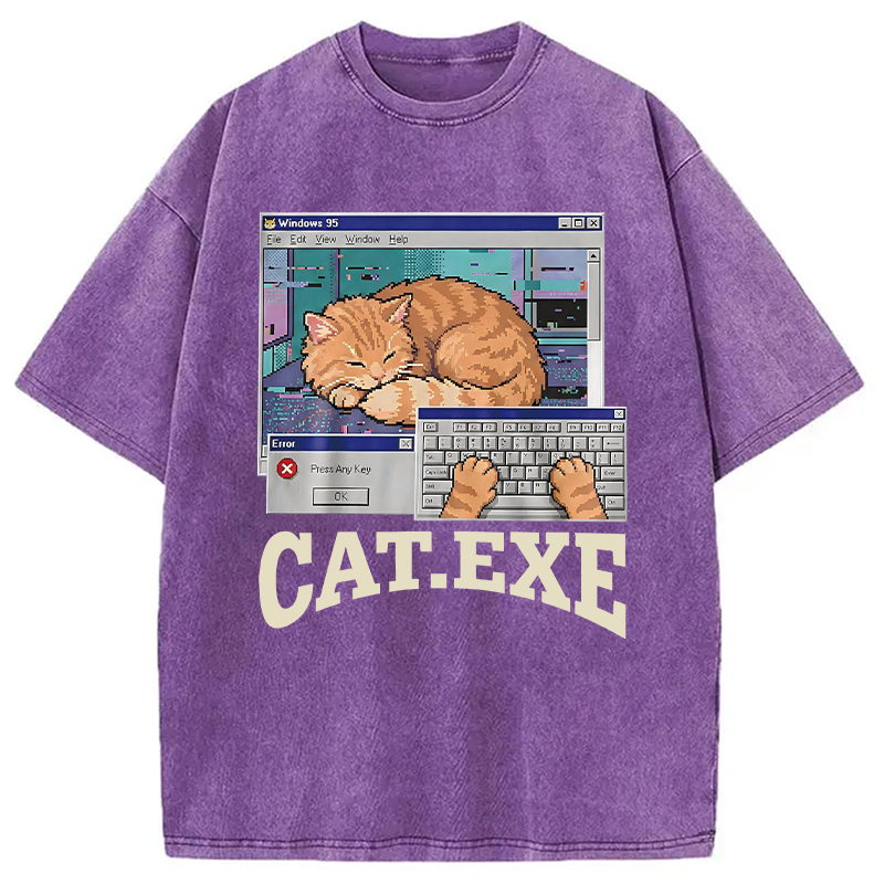 Modecanvas Cat Exe DTG Printing Washed T-Shirt-modecanvas