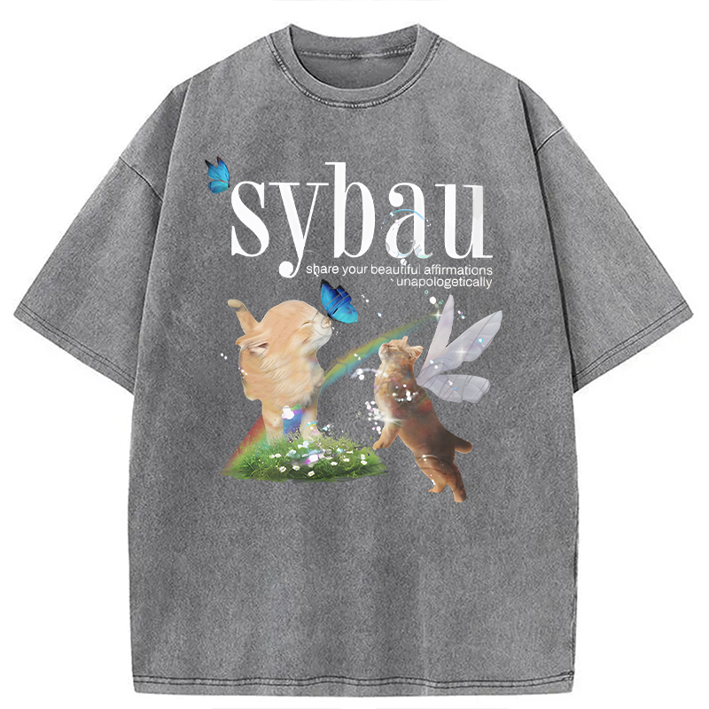 Modecanvas Cat Fairy SYBAU DTG Printing Washed T-Shirt-modecanvas
