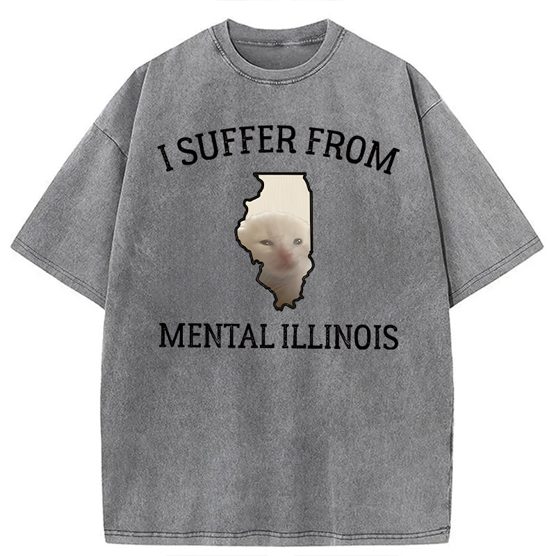Modecanvas Mental Illinois Depressed Cat DTG Printing Washed T-Shirt-modecanvas