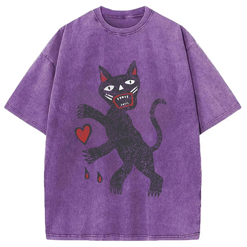 Modecanvas Black Cat Art DTG Printing Washed T-Shirt-modecanvas