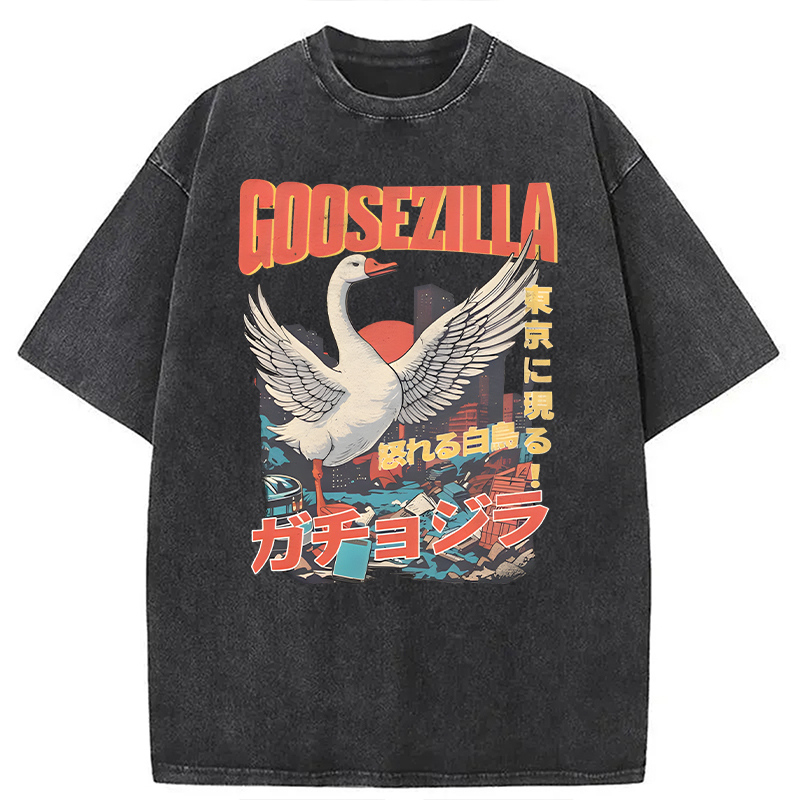 Modecanvas Goosezilla Funny Goose DTG Printing Washed T-Shirt-modecanvas