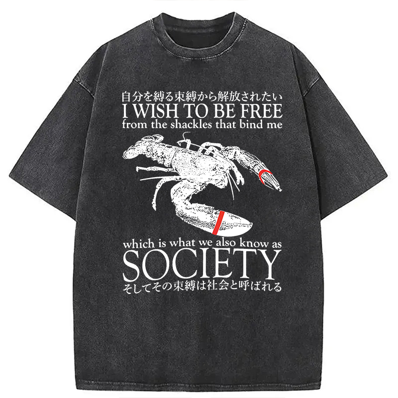 Modecanvas I Wish To Be Free Lobster DTG Printing Washed T-Shirt-modecanvas