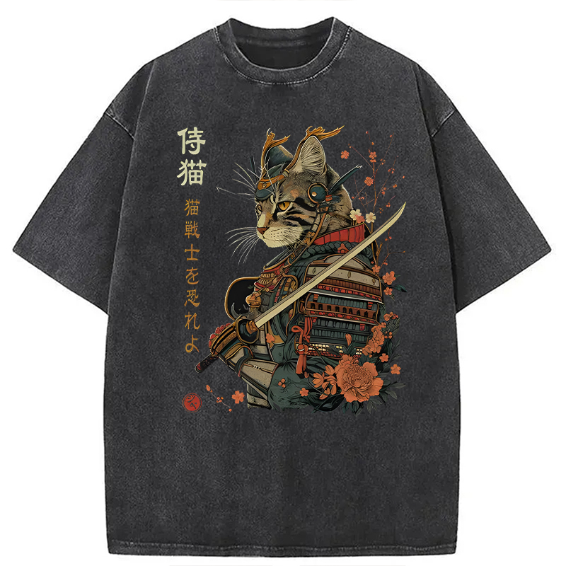Modecanvas Samurai Cat Japanese Art DTG Printing Washed T-Shirt-modecanvas