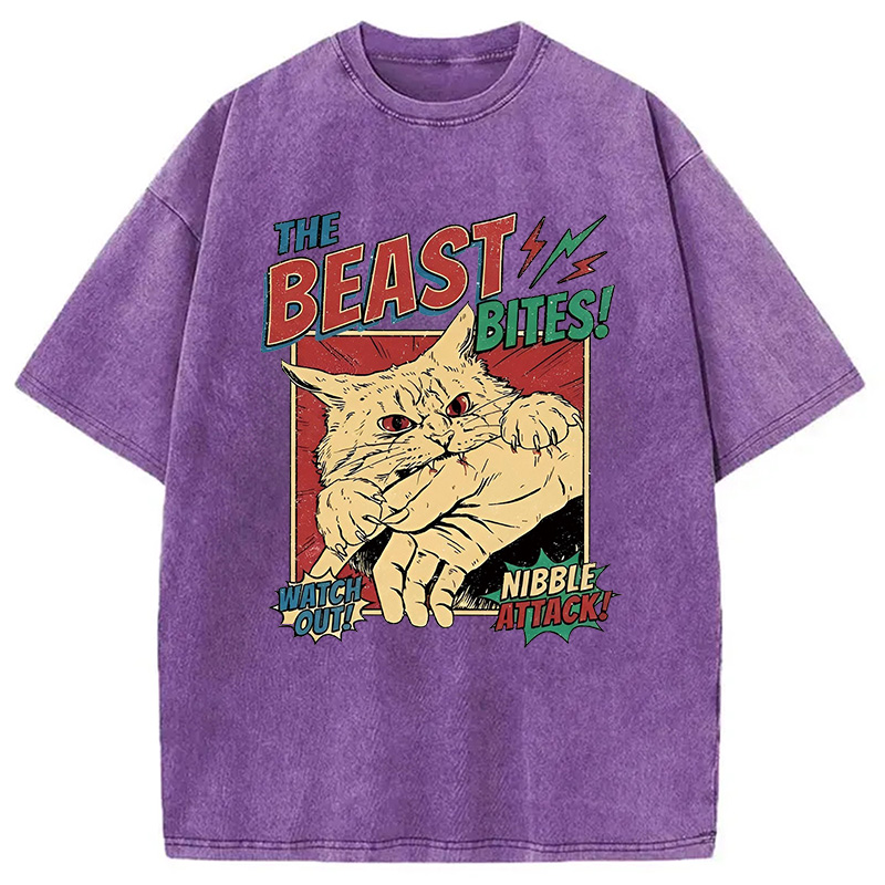 Modecanvas Vintage Horror Cat Bite DTG Printing Washed T-Shirt-modecanvas