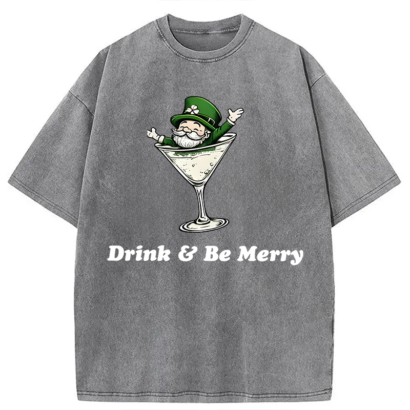 Modecanvas Leprechaun Martini Cocktail Vintage DTG Printing Washed T-Shirt-modecanvas