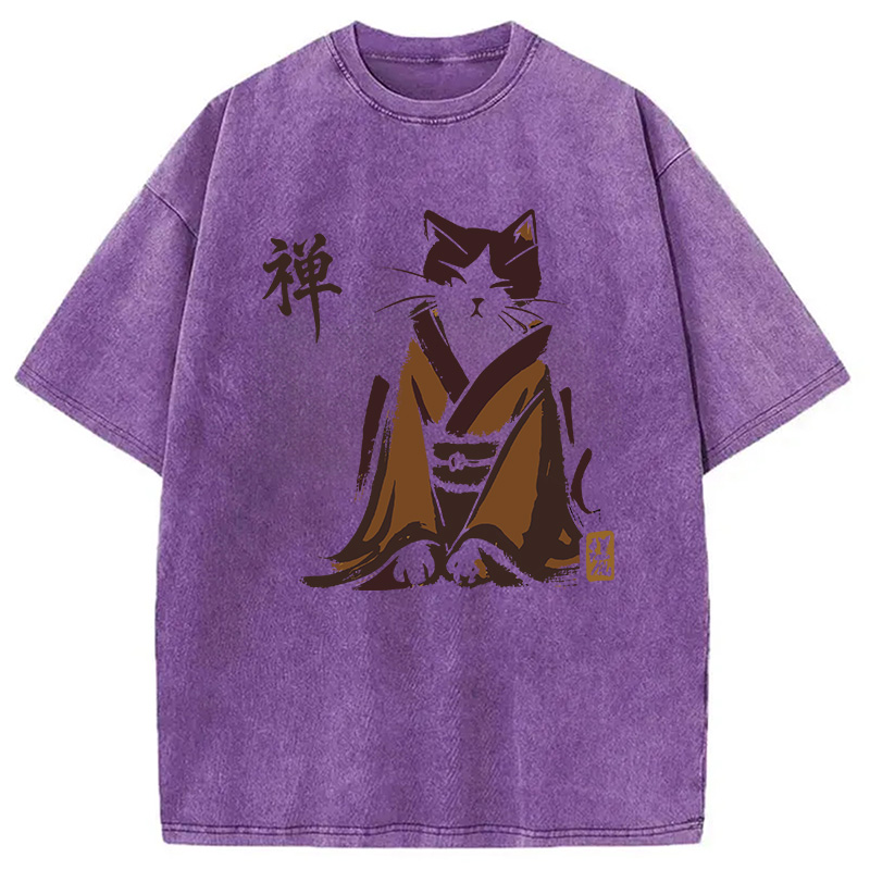 Modecanvas Zen Cat Kimono DTG Printing Washed T-Shirt-modecanvas