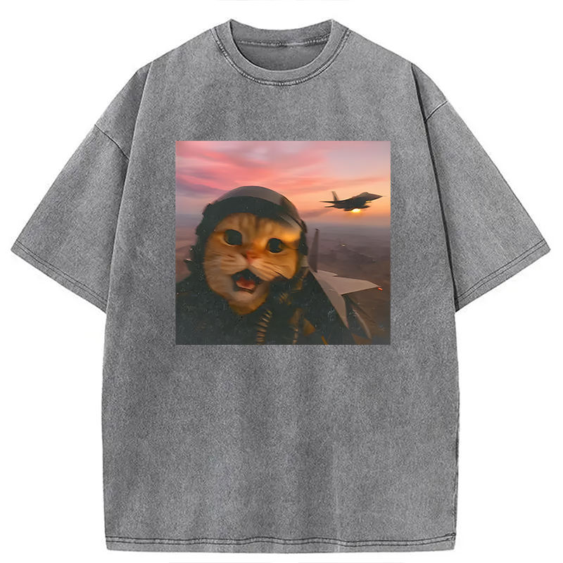 Modecanvas Funny Fighter Pilot Cat DTG Printing Washed T-Shirt