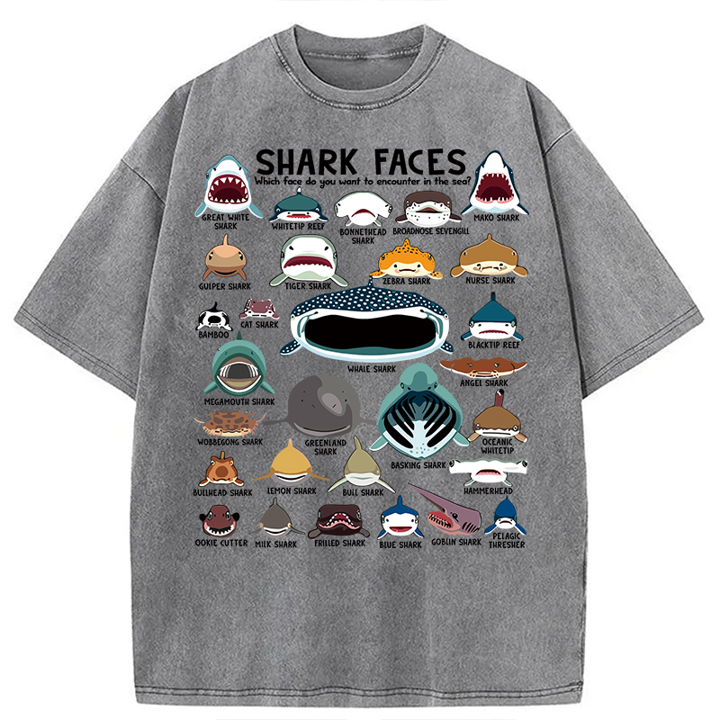 Modecanvas Shark Faces Marine Sea Life DTG Printing Washed T-Shirt