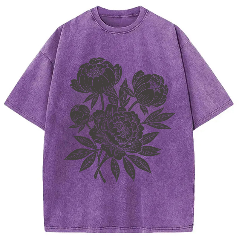 Modecanvas Linocut Floral DTG Printing Washed T-Shirt