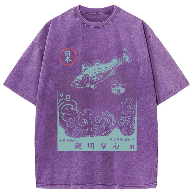 Modecanvas Japanese Fish Vintage Ukiyo-e Wave DTG Printing Washed T-Shirt