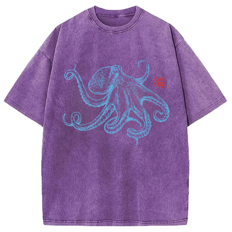 Modecanvas Octopus Retro Japanese DTG Printing Washed T-Shirt
