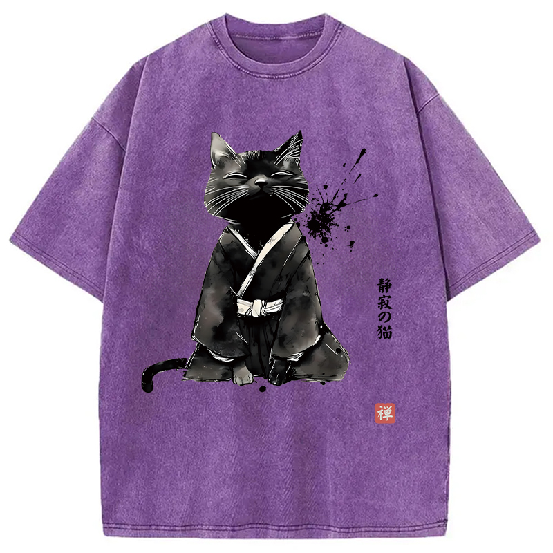 Modecanvas Zen Cat Japanese DTG Printing Washed T-Shirt