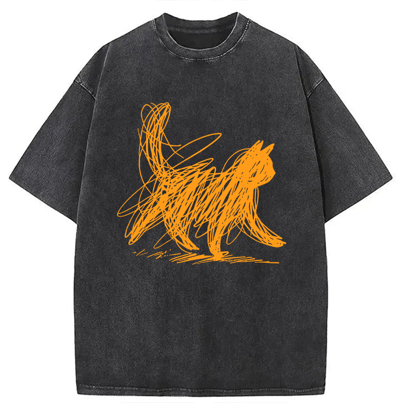 Modecanvas Scribble Cat Minimal Washed T-Shirt-modecanvas