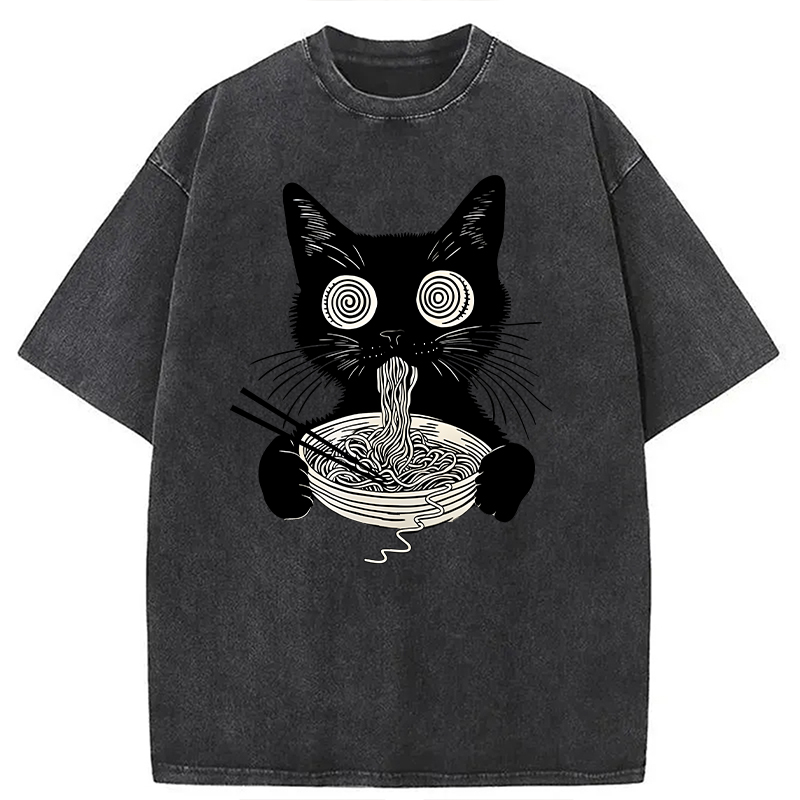 Modecanvas Psychedelic Ramen Cat DTG Printing Washed T-Shirt