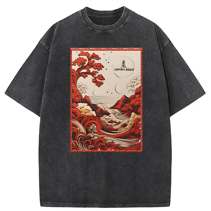 Modecanvas Japanese River View DTG Printing Washed T-Shirt