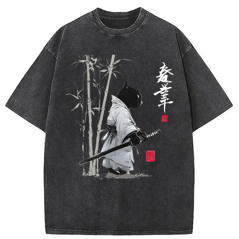 Modecanvas Samurai Cat Japanese Kanji DTG Printing Washed T-Shirt