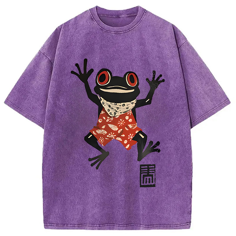 Modecanvas Japanese Happy Frog Ukiyoe DTG Printing Washed T-Shirt