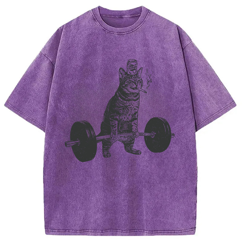 Modecanvas Funny Deadlift Cat Washed T-Shirt-modecanvas
