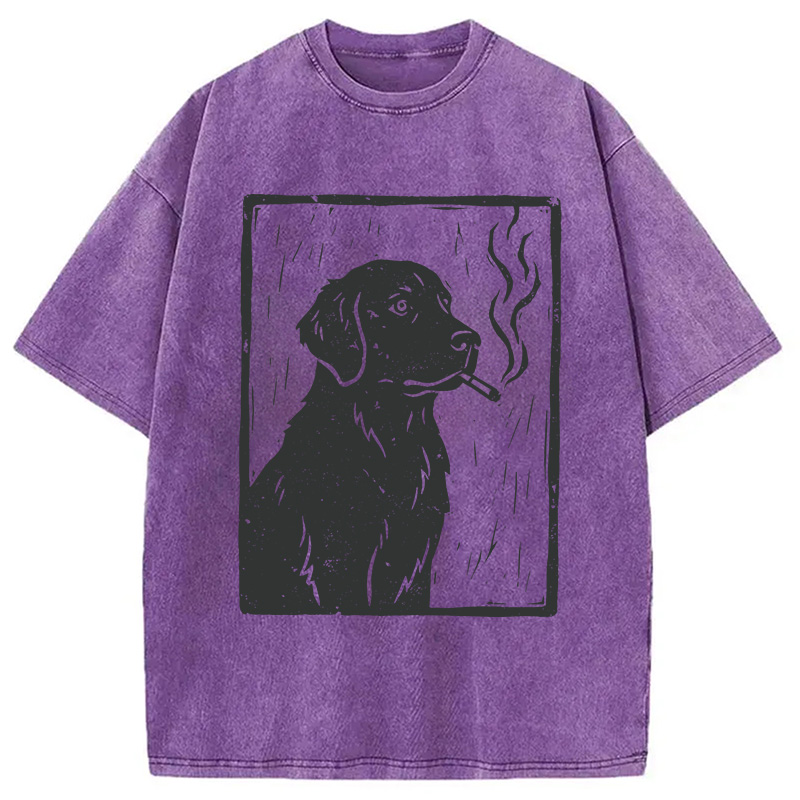 Modecanvas Smoking Labrador Linocut DTG Printing Washed T-Shirt