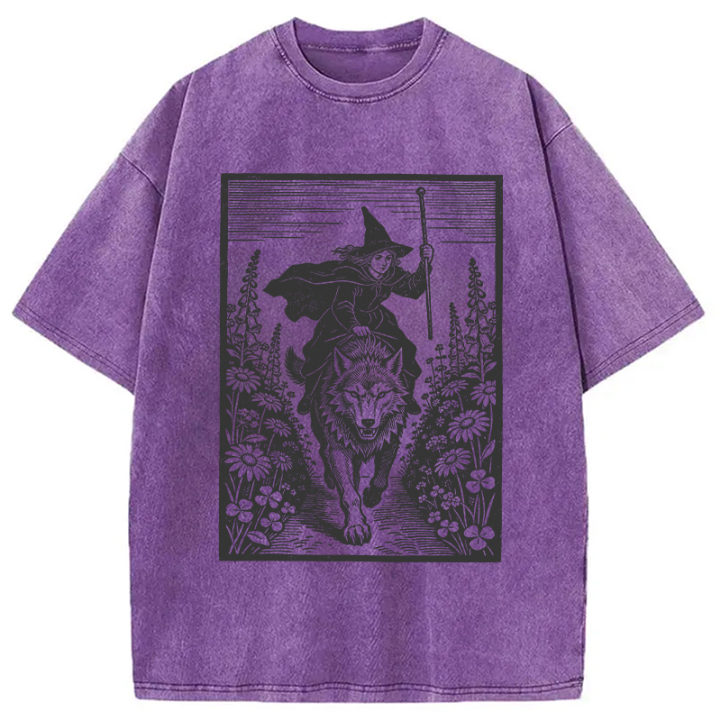 Modecanvas Witch Riding Wolf DTG Printing Washed T-Shirt