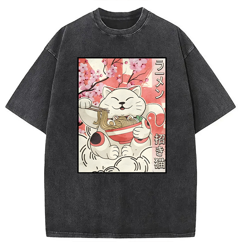 Modecanvas Japanese Noodles Maneki Neko Cat Ramen Meme DTG Printing Washed T-Shirt