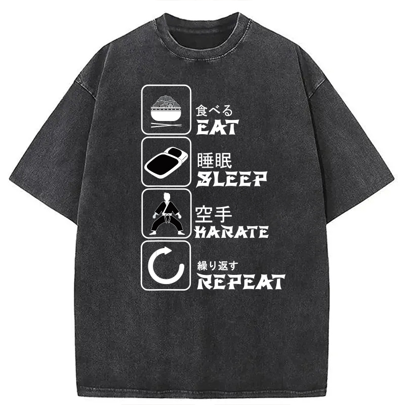 Modecanvas Eat Sleep Karate Repeat Meme DTG Printing Washed T-Shirt