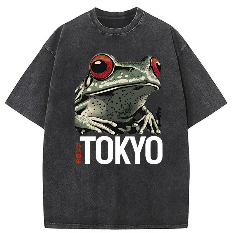 Modecanvas Retro Tokyo Frog DTG Printing Washed T-Shirt